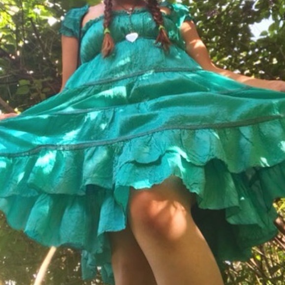 Milkmaid Betsey Johnson turquoise Vintage Ruffle teal tiered midi crinkle dress - Picture 6 of 9
